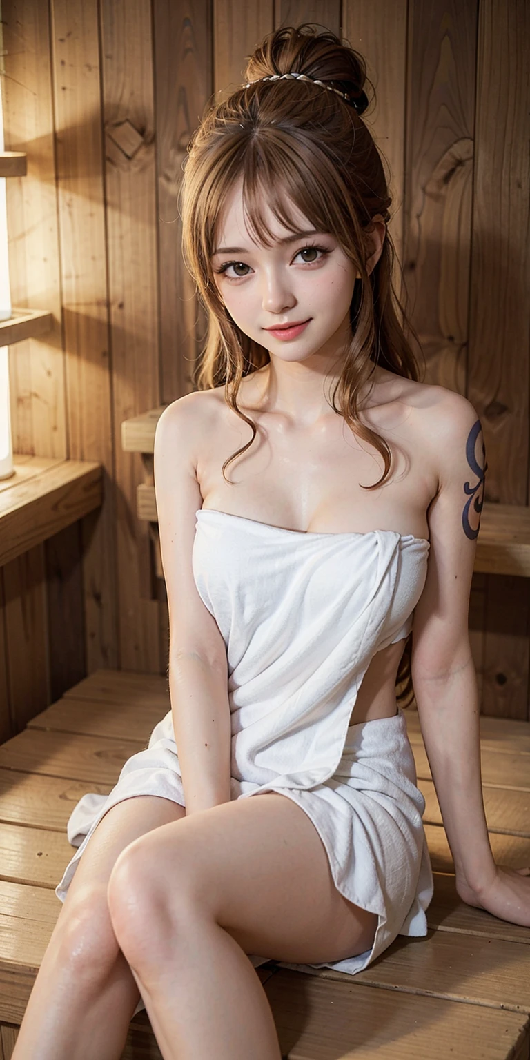 A girl (wearing towel, inside_sauna:1.3),best quality, masterpiece, illustration, an extremely delicate and beautiful, extremely detailed wallpaper, CG Unity wallpaper, extremely detailed, CG Unity, unit, 8k, incredible, with fine details, masterpiece, official art of the best quality 8k, CG Unity wallpaper absurd, absurd, incredibly absurd, size of huge, ultra-detailed, high-resolution, extremely detailed file, beautiful detailed girl, extremely detailed eyes and face, beautiful detailed eyes, (RAW photo, best quality), (realistic, photorealistic: 1.3), light on the face, full body, full body photo, ((face in the shape of a triangle)), (whitish pink hair: 1), long hair, (big and perfect eyes), ((puffy eyes)), ((small breasts)), (fantastic breasts)), (fantastic breasts)), (Idol of the Pop), (aegyo sal), bangs, thin, (posing), (smiling), happy, looking at the viewer, from front