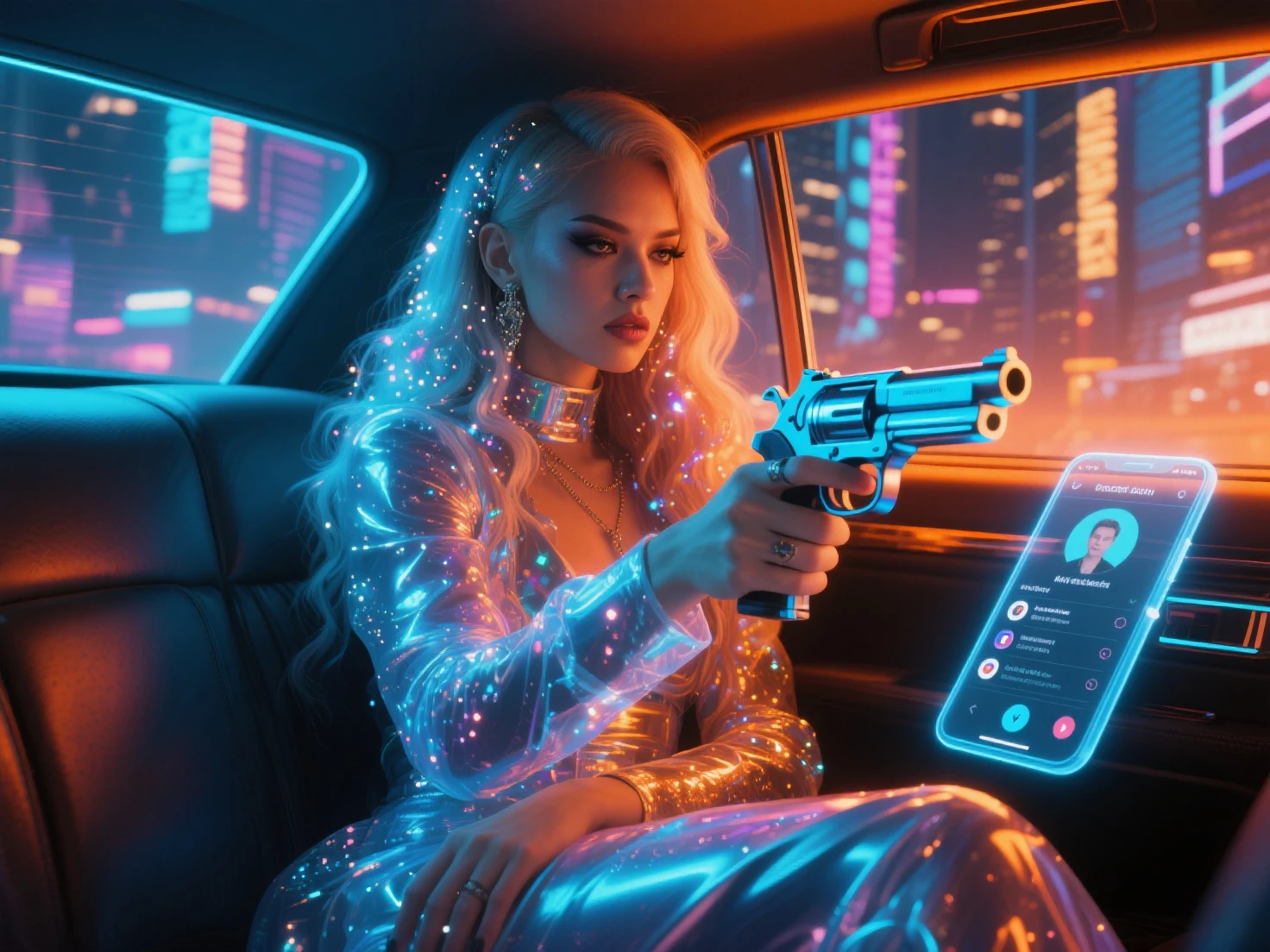 Generate a hyperrealistic image capturing the essence of a futuristic pin-up girl, seamlessly blending classic 1950s charm with cutting-edge technology. Envision her in a sleek, metallic environment adorned with holographic elements.. Ultra realistic, vibrant colors, 16k