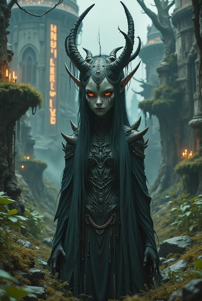 Illustrate a female devil with a strikingly ethereal presence, inspired by the biomechanical style of H.R. Giger. She should have a slender, elongated form adorned with intricate, dark patterns that blend organic and mechanical elements. Her skin appears almost metallic, reflecting a dim, otherworldly light. Her hair flows like tendrils of smoke, merging with the shadows around her. Set her against a backdrop of twisted, surreal architecture, featuring sharp angles and haunting silhouettes. The environment should evoke a sense of dark fantasy, filled with eerie, pulsating forms and a color palette dominated by deep blacks, grays, and hints of iridescent colors, creating a captivating yet unsettling atmosphere