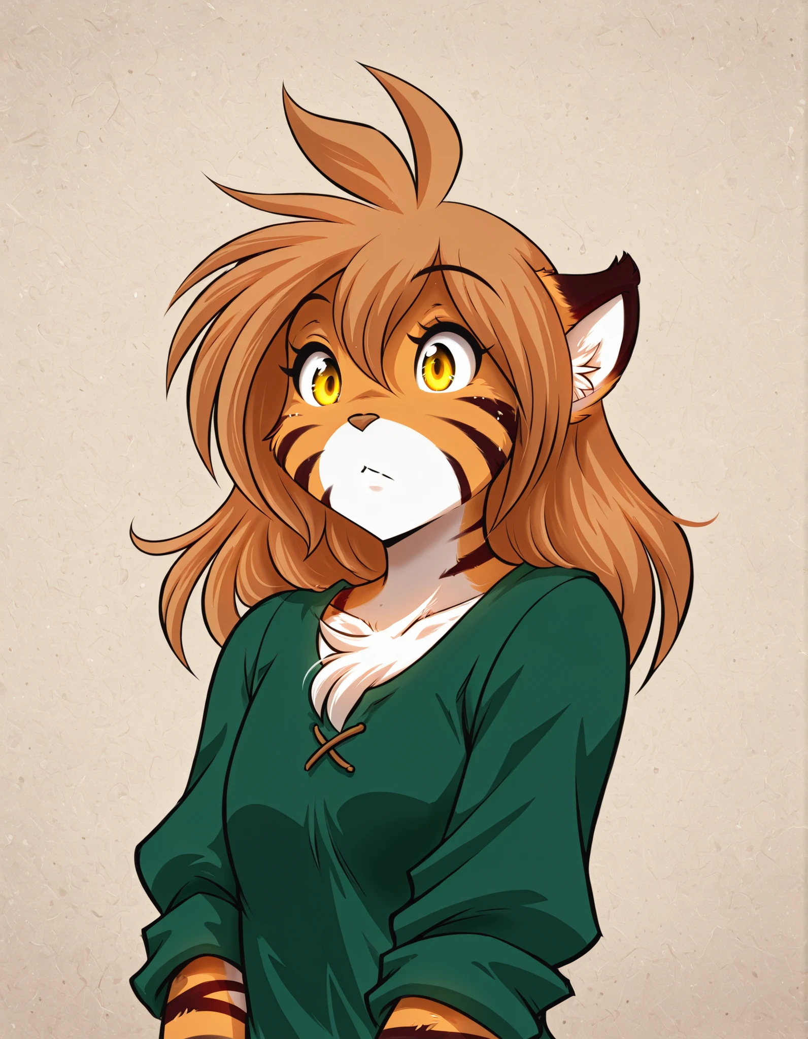 ccsacl,, masterpiece, best quality, very aesthetic, 1girl,, furry, solo, flora-twokinds, flora_twokinds,, tiger, striped fur, keidran, yellow eyes, anthro, runesword,, green shirt