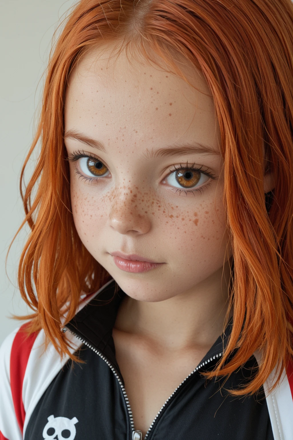 Baby girl, red haired, pigtails, yellow eyes.
