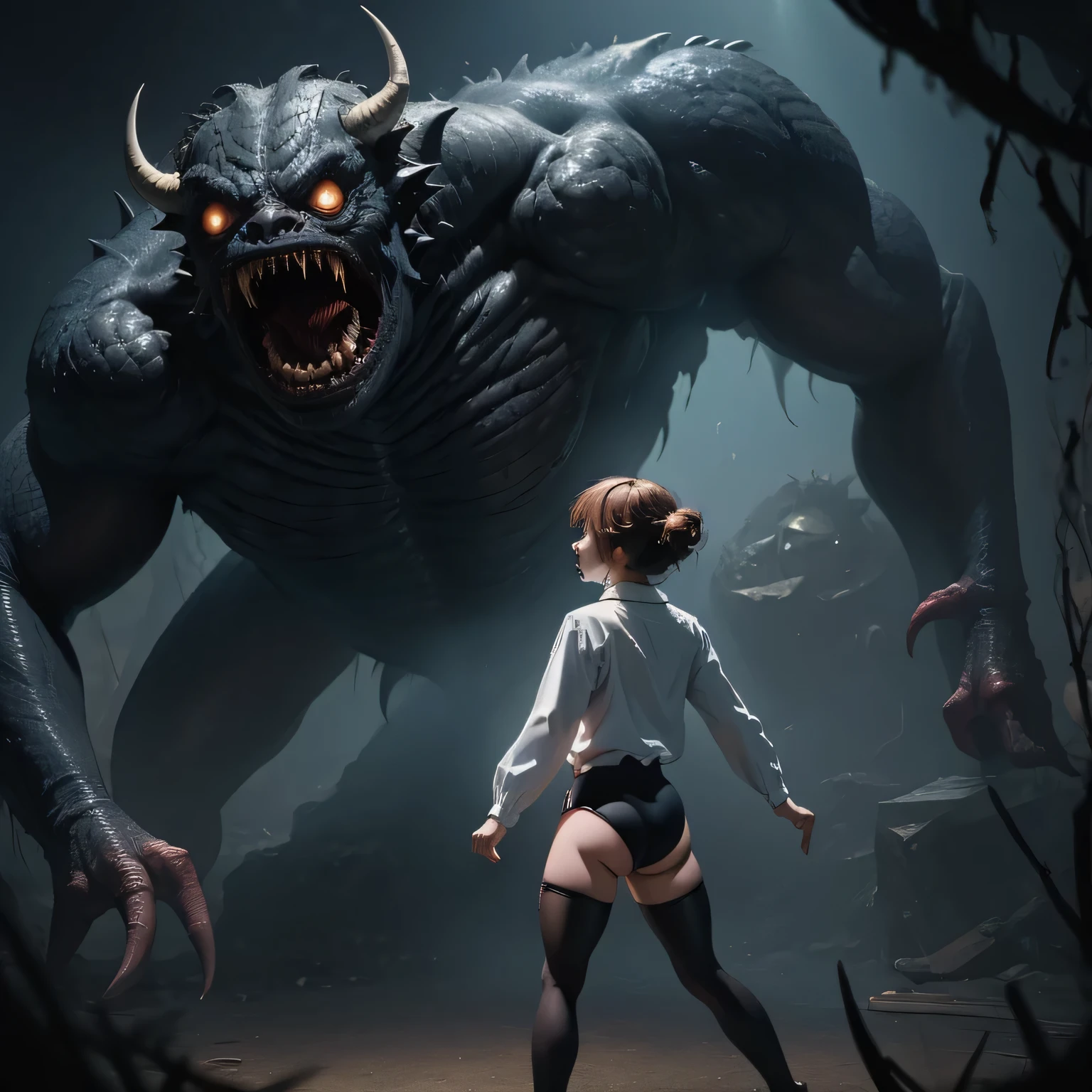 Girl, wearing a Black gymnastics bloomers,high leg ,white blouse、Scared girl、shout、Convulsing with fear、Girl being attacked by a monster、Girl caught by monster、be killed、There are a lot of monsters in the background、Girl surrounded by monsters、Solo,back shot,back style