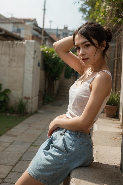 only 1 russian young girl (best quality, 4k, 8k, highres, masterpiece:1.2), ultra-detailed, (realistic, photorealistic, photo-realistic:1.37), portrait, wearing casual cleavage, small chain on neck, black hair, hair band in ponytail, vivid colors, soft lighting, sky and clouds, subtle bokeh, warm color tones, rich girl, red lipstick, earing, round neck style dress, wearing jeans pant, wearing a ring in hand, (low angle, worms eye view)