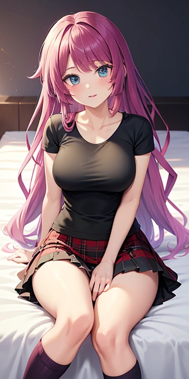 Extremely sexy girl with ahegao face with long pink hair, wearing a black top with a sweetheart cutout in the middle. She wears a black pleated skirt with white stripes and black stockings.