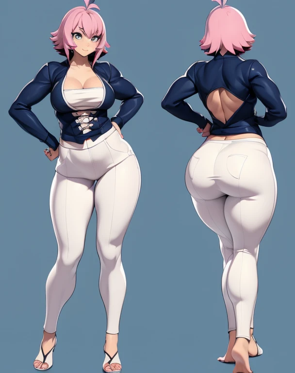 Anime woman, 3d rendering, traditional ninja outfit, front and back, same person, thick thighs, big breasts, big ass, wide hips, tanned skin