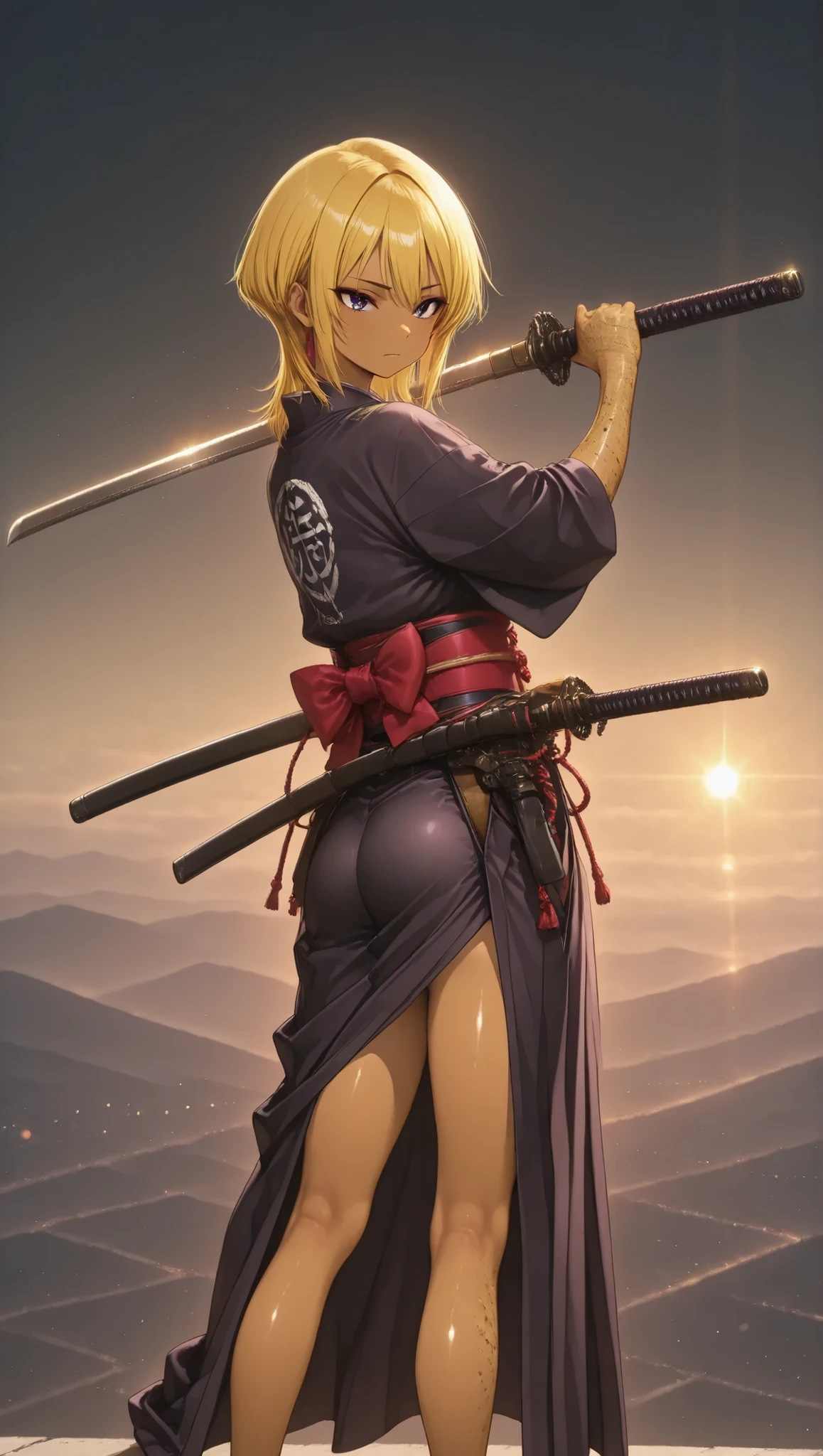 perfect,8k Resolution,very detailed,like the picture,Professional,bright color,Bokeh ,Beautiful Samurai, holding a Japanese sword,combat action fighting enemies with swords,wolf cut,yellow hair,Brown Skin,thin legs,Japanese Kimono,perfect顔,anatomically accurate,top quality,textured skin,Film lighting effects,anime screenshot,Landscape, Big city night view、Protrate,FANTASY SHOT WITH A NIKON Z7 II MIRRORLESS CAMERA, Ouka-chan