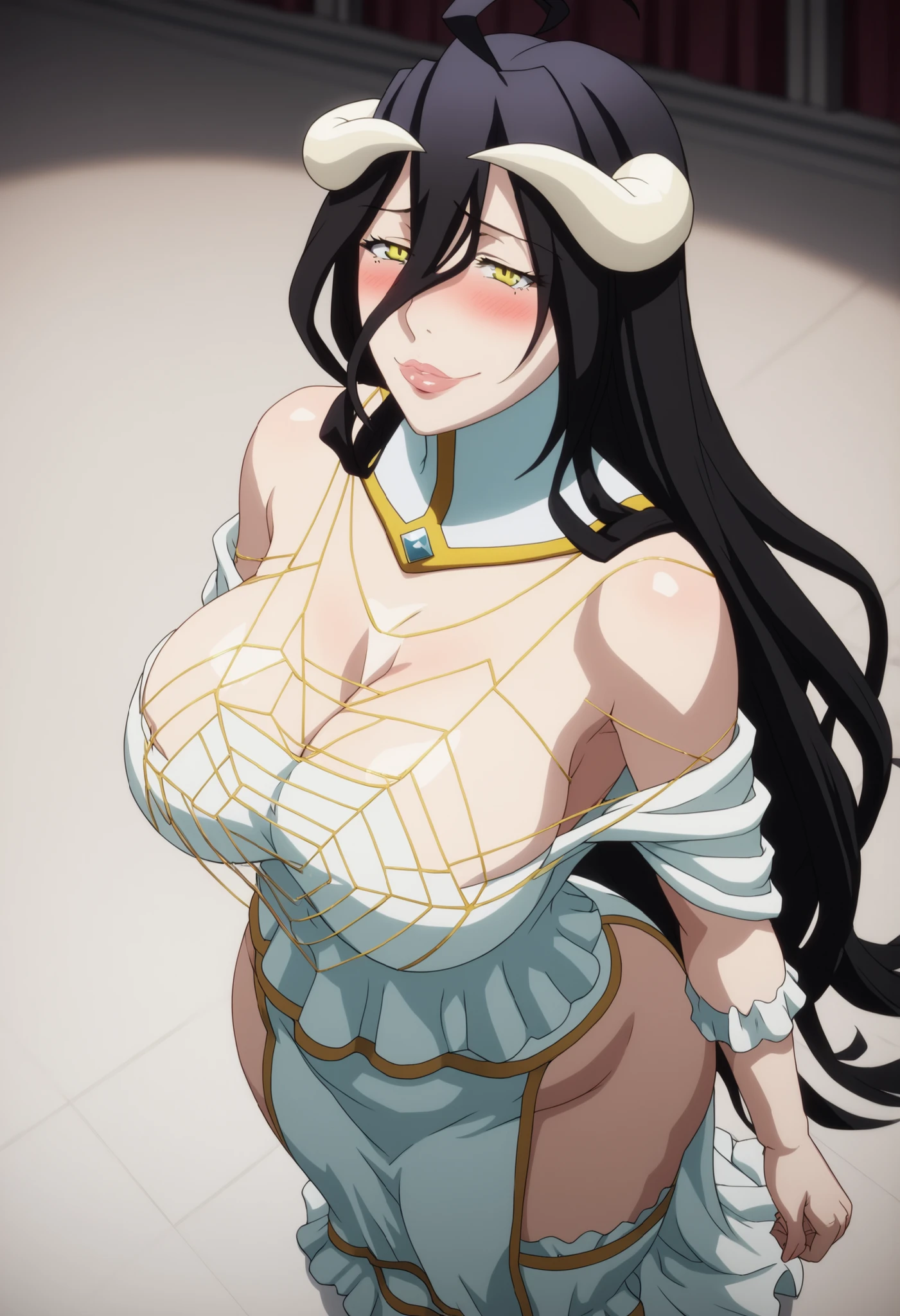 standing, (light tulle sheer wedding dress), wedding veil, See-through pantyhose with white lace ruffles, white lace ruffle garter belt, cleavage cutout, clothing cutout, bare shoulders, (luxury livingroom background), (sunny weather), Litchi Faye-Ling, mature woman, anime cels style, best quality, high resolution, 1girl, (huge breasts:1.2), beautiful face, Beautiful Finger, Beautiful long legs, Beautiful body, Beautiful Nose,Beautiful character design, semi-rimless eyewear, black hair, very long hair, ponytail,Bangs,purple eyes, (cowboy shot), smiling, looking at viewer