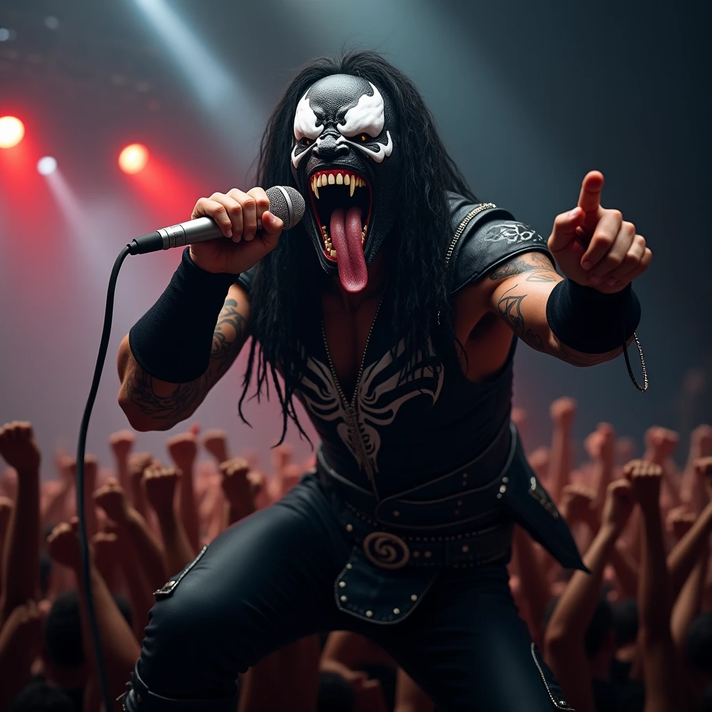 Candid photo of The Dark Knight Joker with iconic makeup, dark eyes, and red smile stands at the microphone center stage, capturing a raw and chaotic energy. Surrounding him, Gene Simmons and the rest of Kiss are in their flamboyant heavy makeup and leather outfits accented with spikes. The lighting is dramatic, with strong spotlights and colored beams cutting through the darkness to highlight the performers. The stage is full of movement, with the Joker gesturing wildly and Simmons sticking out his long tongue, creating a charged atmosphere of rebellion and frenetic excitement. Candid, high-energy rock concert, combining the dark, chaotic aesthetic of The Dark Knight's Joker with the flamboyant, theatrical style of Gene Simmons and Kiss. High contrast lighting, intense facial makeup, and dynamic stage presence. --style raw --s 0 --ar 10:16 --v 6.0