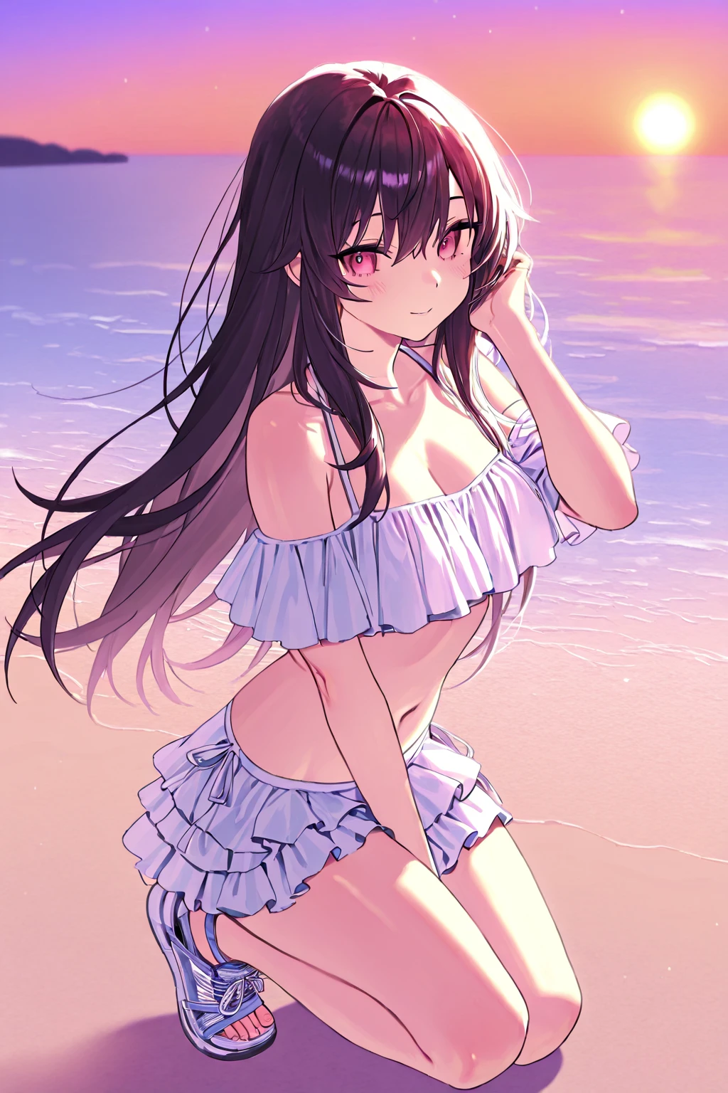 アニメ, a beautiful woman, gorgeous body, black hair long, Red eye, Cat's ear, white underwear, thermal font, 4K