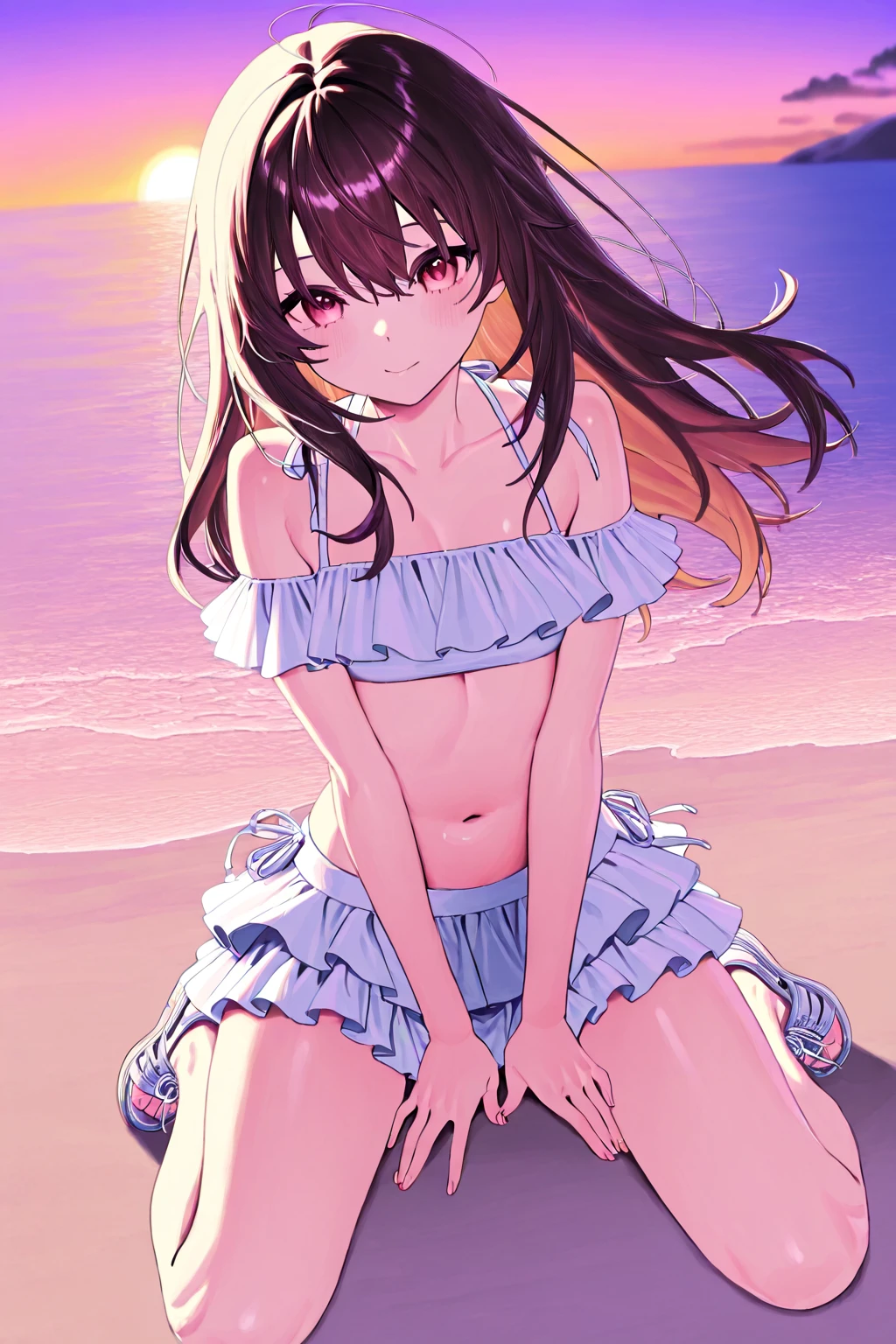a girl standing in shallow ocean water under a clear blue sky. She has a sun-kissed complexion and long, light brown hair with soft waves cascading over her shoulders. She is wearing a two-piece swimsuit with a strap around the neck; the top is bandeau-style with a halter neck strap, featuring a coral pink color with white polka dots. The top has a sweetheart neckline, accentuated with a small frilly detail along the edge, and it is underwired, providing structure. The matching bottoms have a similar frilly detail along the waistline. Her posture is relaxed yet playful as she gently touches her midriff with both hands, and she offers a soft, engaging smile, her head tilted slightly to the side, adding a sense of approachability to her demeanor.