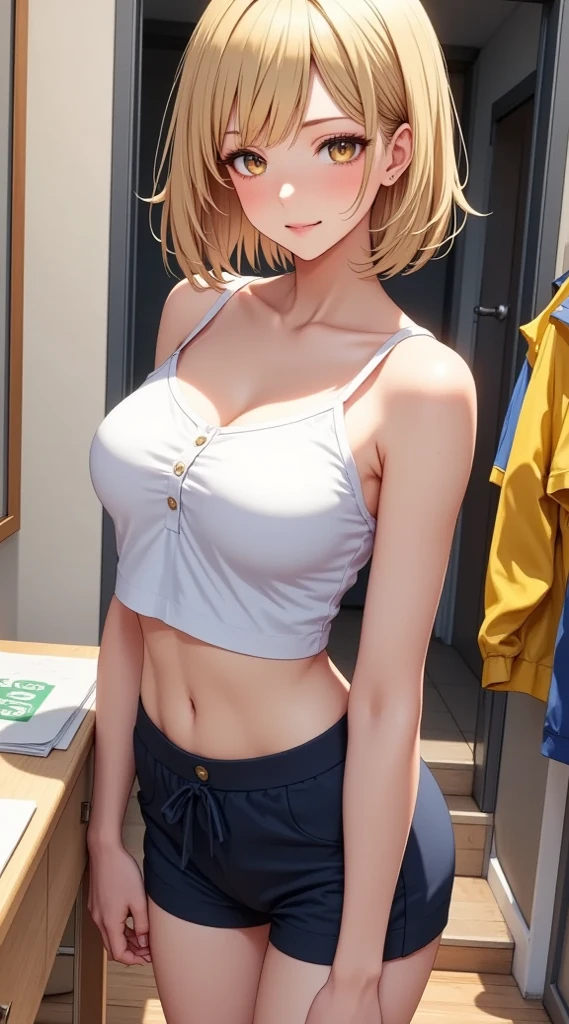 Light skin, bob cut, cleavage, tied shirt, midriff, flashing red panties, short skirt, stockings, brown eyes, blonde