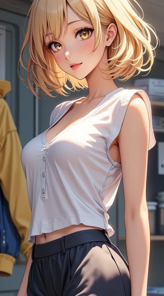 1girl, 22 years old, yellow hair, short hair, white tank top, big breasts, blue eyes, parted lips, shorts, glowing skin