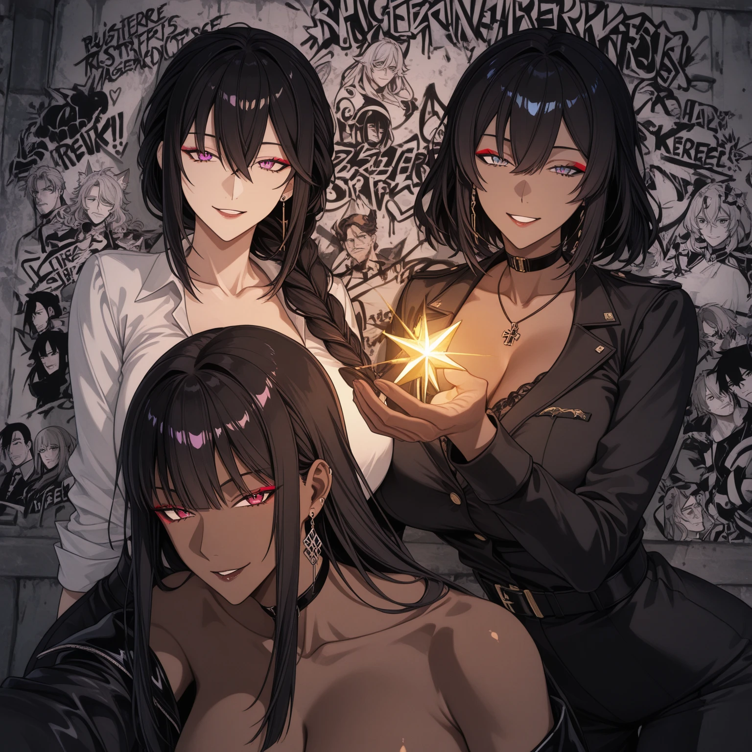 2 dark skinned girls, very detailed purple irises, wearing summoning robes, summoning circles, long hair, curled hair