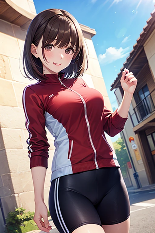 (One girl)、smile、first-class、Extremely delicate and beautiful、Gym suit、playground、Dark brown short hair、Dark brown eyes
