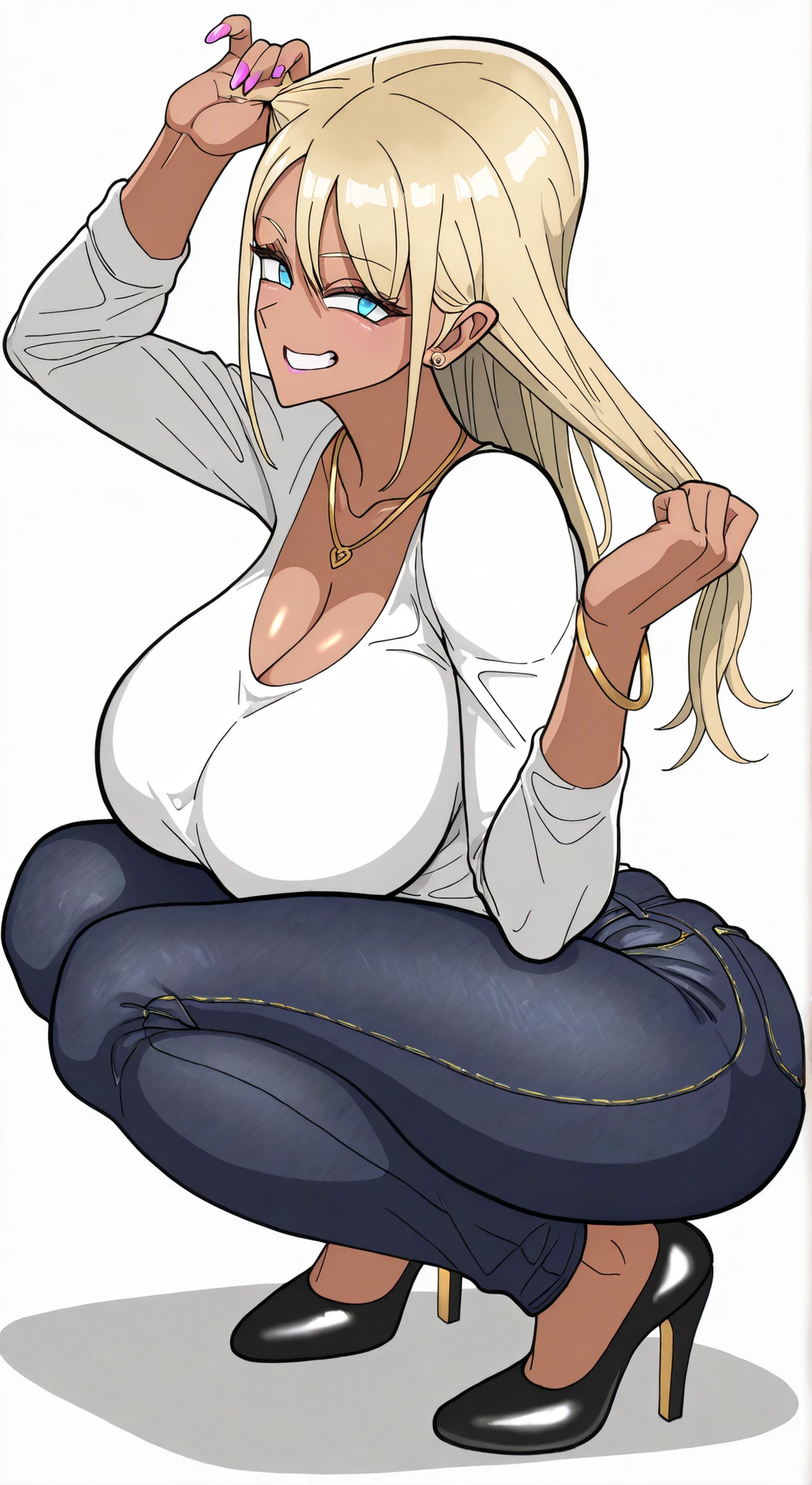 solo girl, blonde hair, eyelashes, blue eyes, big breasts, curvilinear, simple white background, high resolution, full body, gyaru fashion, jeans, high heel shoes, moans, face up, squatting, pulling hair, mouth, mischievous smile