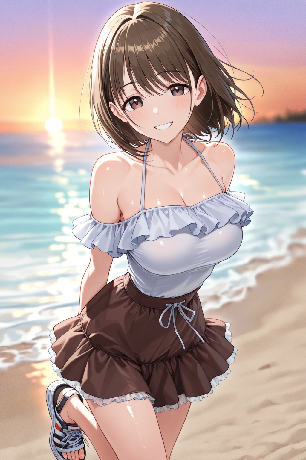 Nishizumi maho,
pink swimwear bra,Pink skirt-style beach pants,
Semi-short hair,Brown Hair,Brown Eyes,Big Breasts,
Smiling expression,blush,
Seaside,Beach parasol,Place one hand close to your head,
Beautiful image quality,
