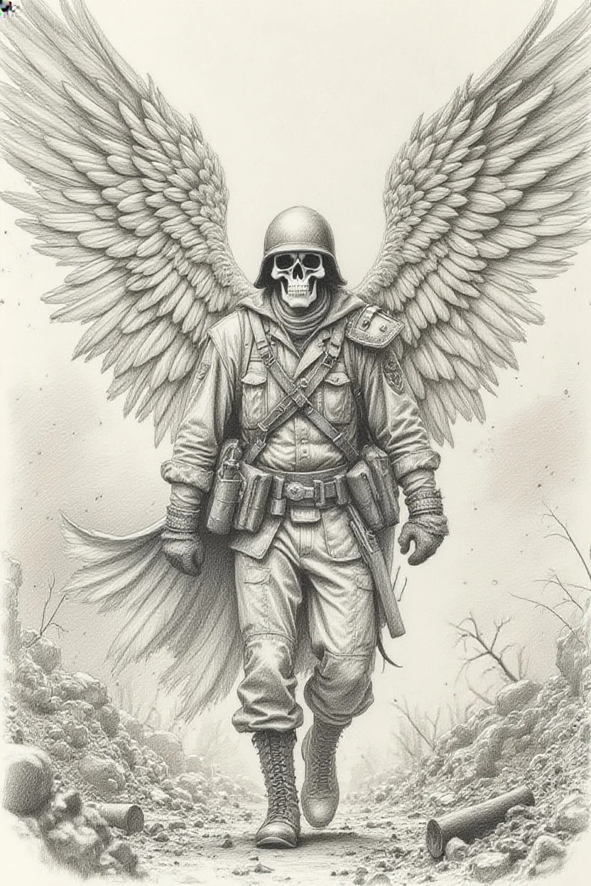 imagine skeleton in rock clothes, with wings, WWII helmet, playing black Gibson guitar, on top of a pile of human bones and skulls, dark environment, ultra detailed image, textures, reflections, lights, depth, high definition image, realistic image, cinematic scene