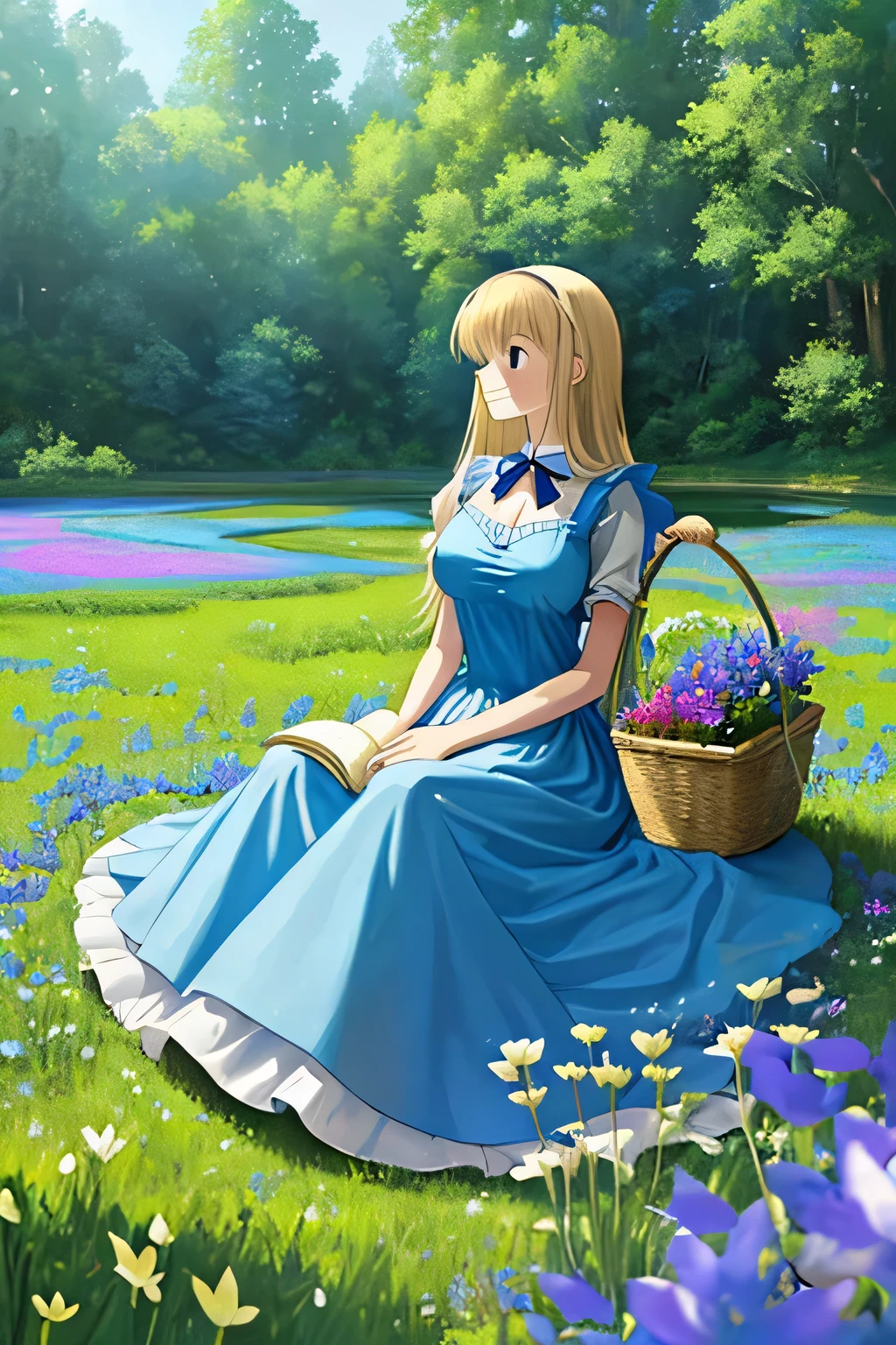 angled view, soft lighting, looking aside, tall towering skinny lanky young girl, Alice in Wonderland, Disney Cartoon, blue dress, white apron, very long floor-length hair, big huge giant enormous massive gigantic colossal symmetric natural full breasts, beautiful spring day in the foothills, lush field with wildflowers, small pond, sfw, fun, happy, joy, (smile:0.95), playful look, picnic basket, white rabbit