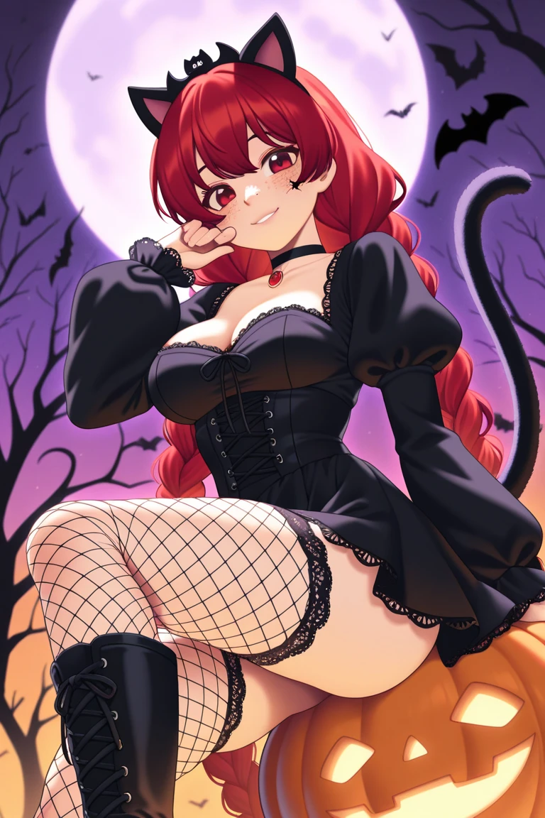 a red-haired fairy, curled hair, tattoo of a half moon on the chest, big-ass