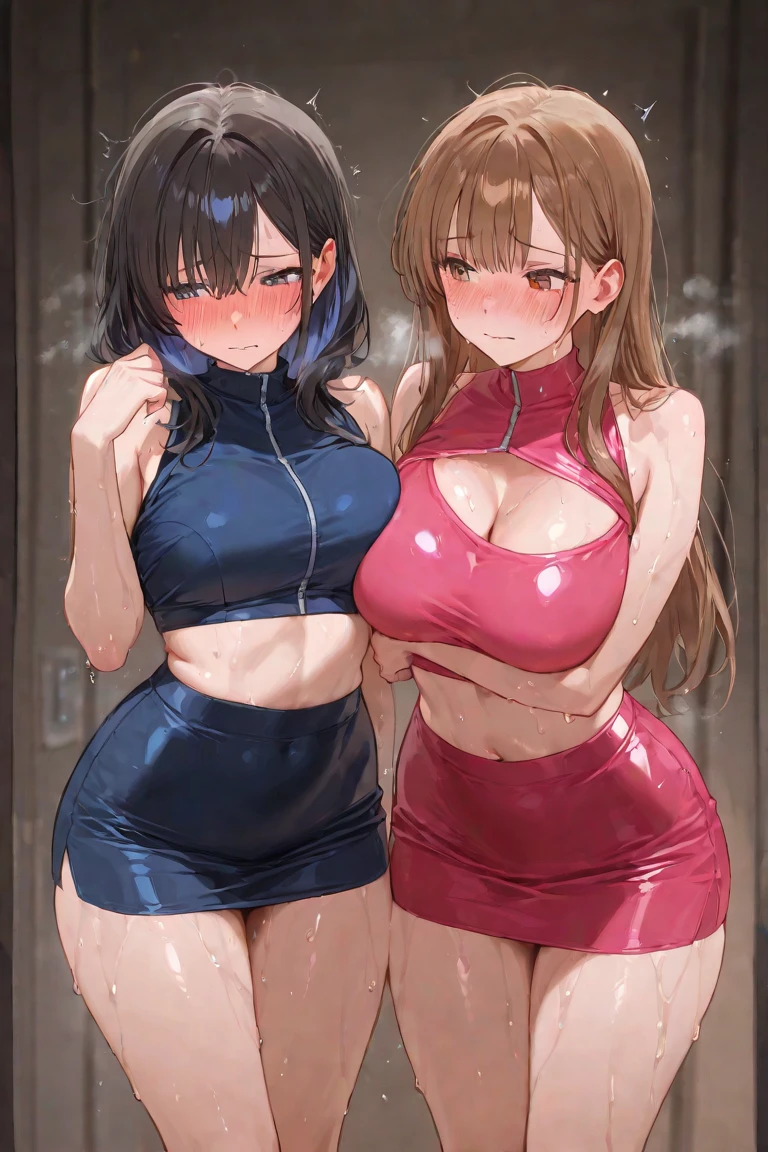 2girls, nishikigi chisato, inoue takina, lycoris recoil, couple, perfect anatomy, symmetry, sukumizu, school swimsuit, thighhighs, huge breasts, big ass, looking at viewer, shy, blush, smile, masterpiece, best quality, very aesthetic, absurdres, anime,