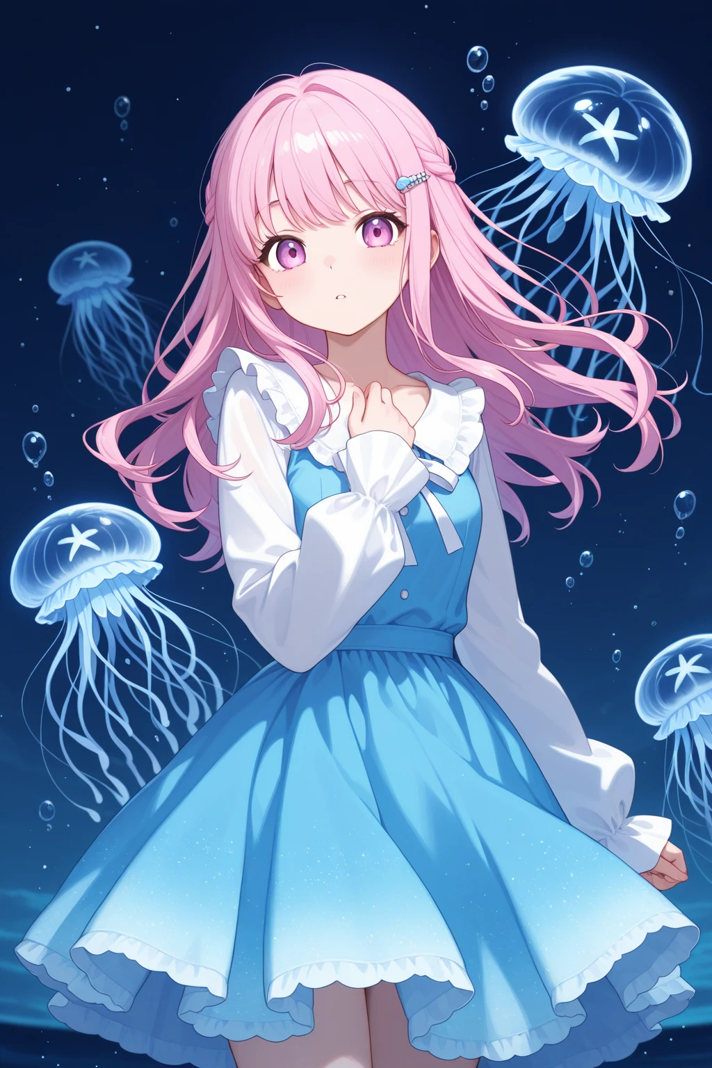(masterpiece:1.2, best quality), (finely detailed beautiful eyes: 1.2), (extremely detailed CG unity 8k wallpaper, masterpiece, best quality, ultra-detailed, best shadow), (detailed background), (beautiful detailed face, beautiful detailed eyes), High contrast, (best illumination, an extremely delicate and beautiful),1girl,dynamic angle,beautiful detailed glow,full body, cowboy shot, white hair, purple eyes,((wearing a (nebula color) Sheer Jellyfish Dress)), ((drill curly hair)), ((holding a (nebula color) jellyfish umbrella in her right hand), (platform shoes) ,(wearing a black bow in head),((colourful paint splashes on transparent background, dulux,)), (the overall color is a blue-purple gradient), (There are many jellyfish in the background), (rain),((Holy Light))