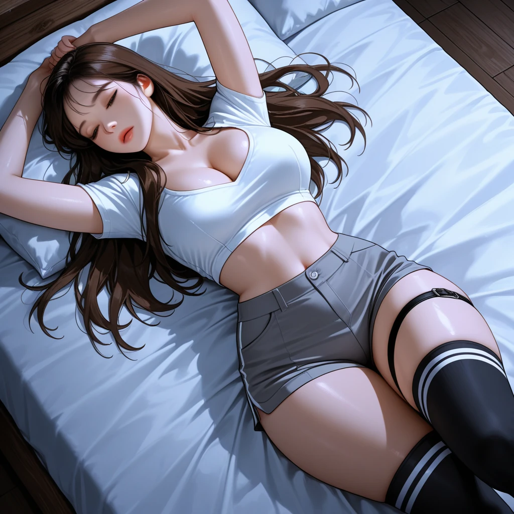 Adorable , Gorgeous , Beautiful , Russian Baby Face , (Large Colossal Breasts) , 30 Years Old , White Skin , (wearing sport bra ; 1.1) ,(very sweaty body, arms up, sweet armpits, detailed armpits, lying in a bed) , Front Facing , Potrait ,((hit by spotlight: 1.4)) ((Muscles:1.1)) , Long Hair Bangs , Blue Eye , , ((Night:1.3)) , Standing, (full body shoot) , HDR , Ultra Detailed , EF 24-70mm f/2.8L II USM