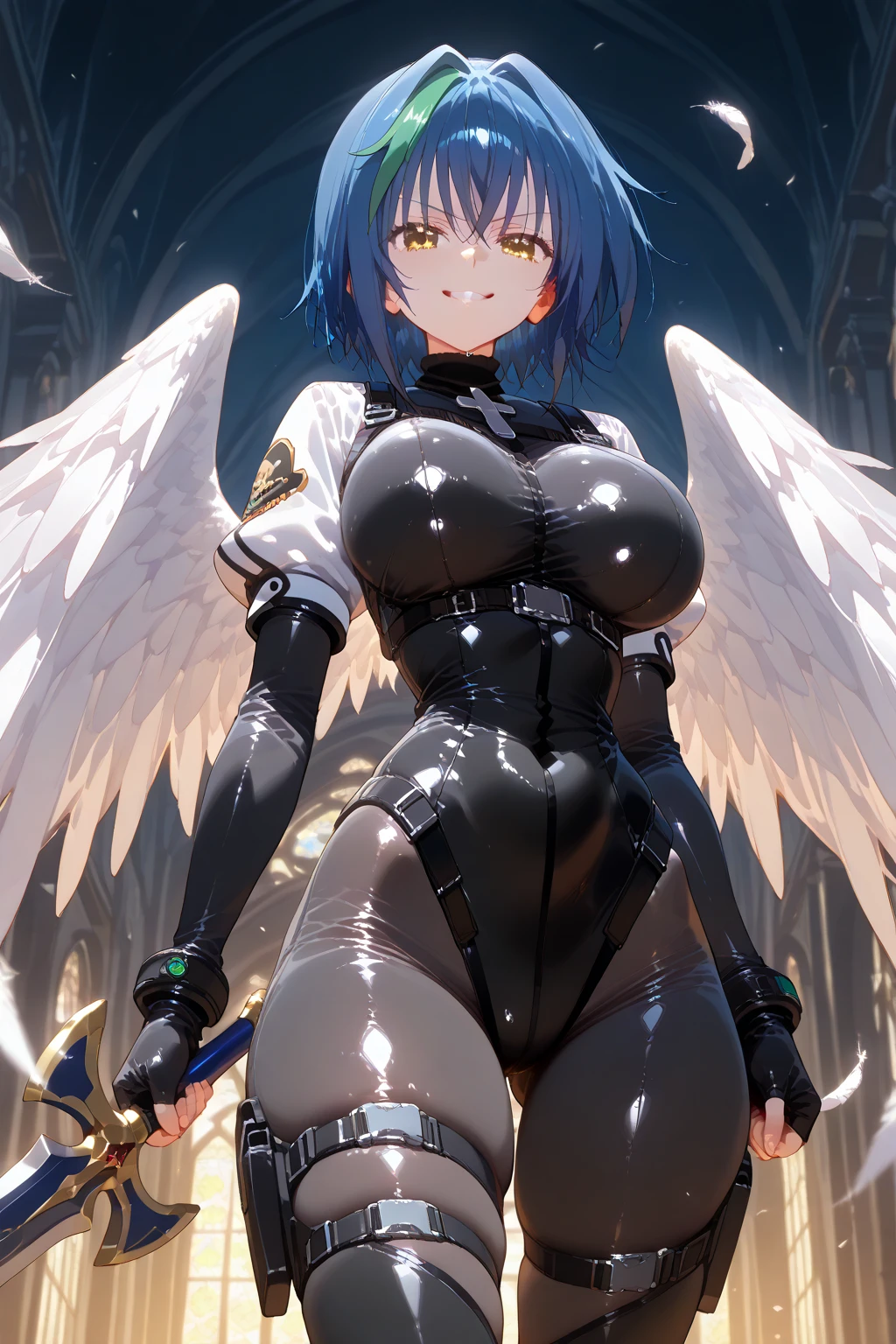 best qualityer，tmasterpiece，Ultimate resolution，downy，Extremely colorful，Colorful，Valley background，（colored mist）,Dancer，Bikini tights，Blindfolds，huge tit，The kinky is exposed，（cabellos largos dorados），Bird wings，a matural female，Kneeling pose，black reotard，bare-legged，Anklets，vale，fog atmosphere，Normal posture