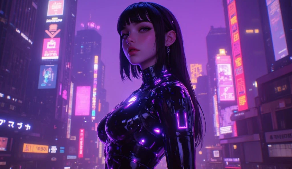 neon cyberpunk beautiful arab woman in middle of composition, (((ultra detailed flat earth futuristic city ))),beautiful arab model, black long hair, detailed and intricate (((space background))), featuring high-tech holographic projections and sleek architecture, nebula and black hole, art by (((Syd Mead, Masamune Shirow, Dylan Kowalski))), highly detailed photo realistic, (((cell shading))), god rays, ultra sharp focus, ultra high quality, vibrant, (very enormous breast:1.7), (bare breasts:1.4), shiny latex is black, latex stockings, long hair, (shiny skin:1.4), shiny lips, very big ass, symmetrical detailed face, toned, sexy, masterpiece