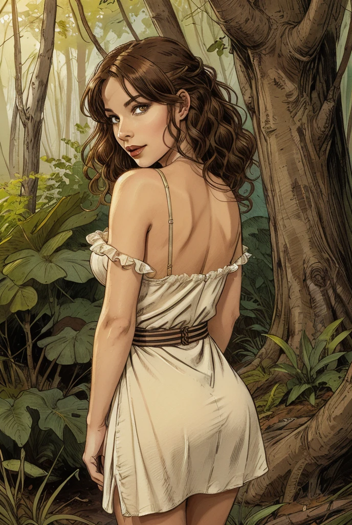 An illustrated movie poster, hand-drawn, full color, a teenage elven girl, wearing a lace bralette and bloomer shorts, sun-tanned complexion, very tall, athletic body, hourglass figure, curvy, slightly chubby, bottom-heavy, generous hips, massive bubble-butt, long legs, ridiculously thick powerful thighs, golden brown eyes, long pointy elf ears, dark hair, long loose waves, posing in a royal garden, hard shadows, graphite shading, stencil marks, airbrushed acrylic paint, masterpiece, in the style of Lord of the Rings 