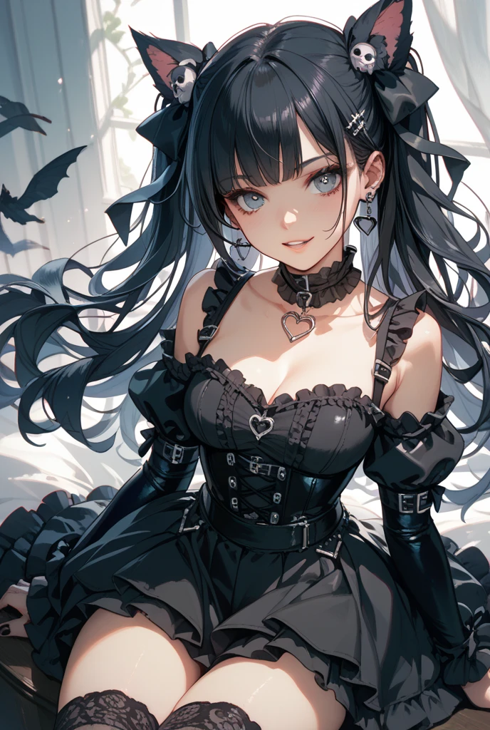 (8K、RAW photo、highest quality、masterpiece:1.2)、detailed background、beautiful and detailed face、beautiful and smooth skin、skin texture、professional lighting、Beautiful teenage girl、sexual expression、laughter、smile、cute髪の色、cute hairstyle、(big breasts:1.2)、cute、Cat、Catみみ、Cat&#39;eyes、Cat ear、Cat eyes、(cuteCatの手のポーズ)、Mainly dresses and skirts decorated with frills and lace。black or purple、Choose a dark color such as red、Emphasizes the gothic atmosphere。
For dresses and skirts、Lace and frills are often used。sleeve or skirt hem、By adding lace to the neckline etc..、You can combine cuteness and gothic elements.。
Classic accessories are key。for example、lace gloves and ribbon、crown-shaped headdress、If you incorporate cross accessories etc..、You can further enhance the gothic atmosphere.。
To create a contrast with a skirt or dress、It is best to choose black lace socks or fishnet stockings..。
boots、Items decorated with lace, ribbons, etc.、If you choose a thick sole、Can give a more gothic impression。
