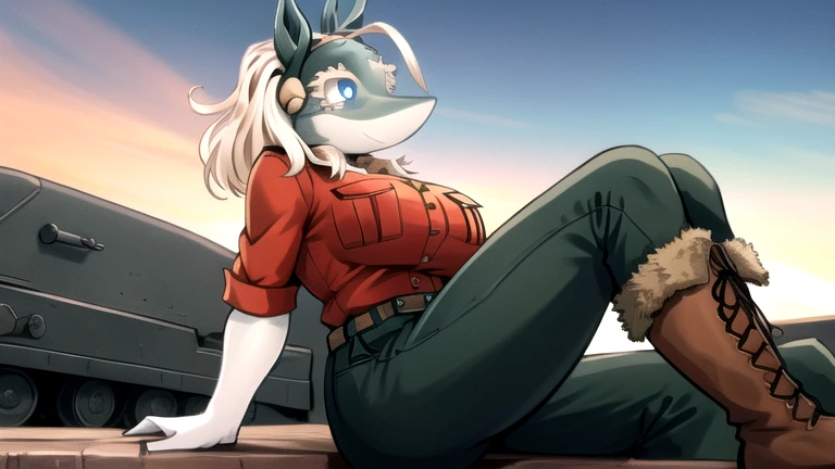 by meesh, (best quality, masterpiece:1), solo, anthro, furry, female, ((Snow Leopard)), blue eyes, white hair, shaggy long hair, portrait, fingers, finger claws, looking at viewer, snow leopard tail, ((large tuft of hair on the chest)), ((denim jeans)), ((jacket)), ((shirt)), ((fully clothed)), ((medium breastraces on teeth, ((arms over head)), ((tactical vest)), ((backpack)), ((nerd)), glasses, braces, smiling, ((1woman)), ((posing for photo)), lake area, white fur, nipple bumps, belt, ((fluffy fur))