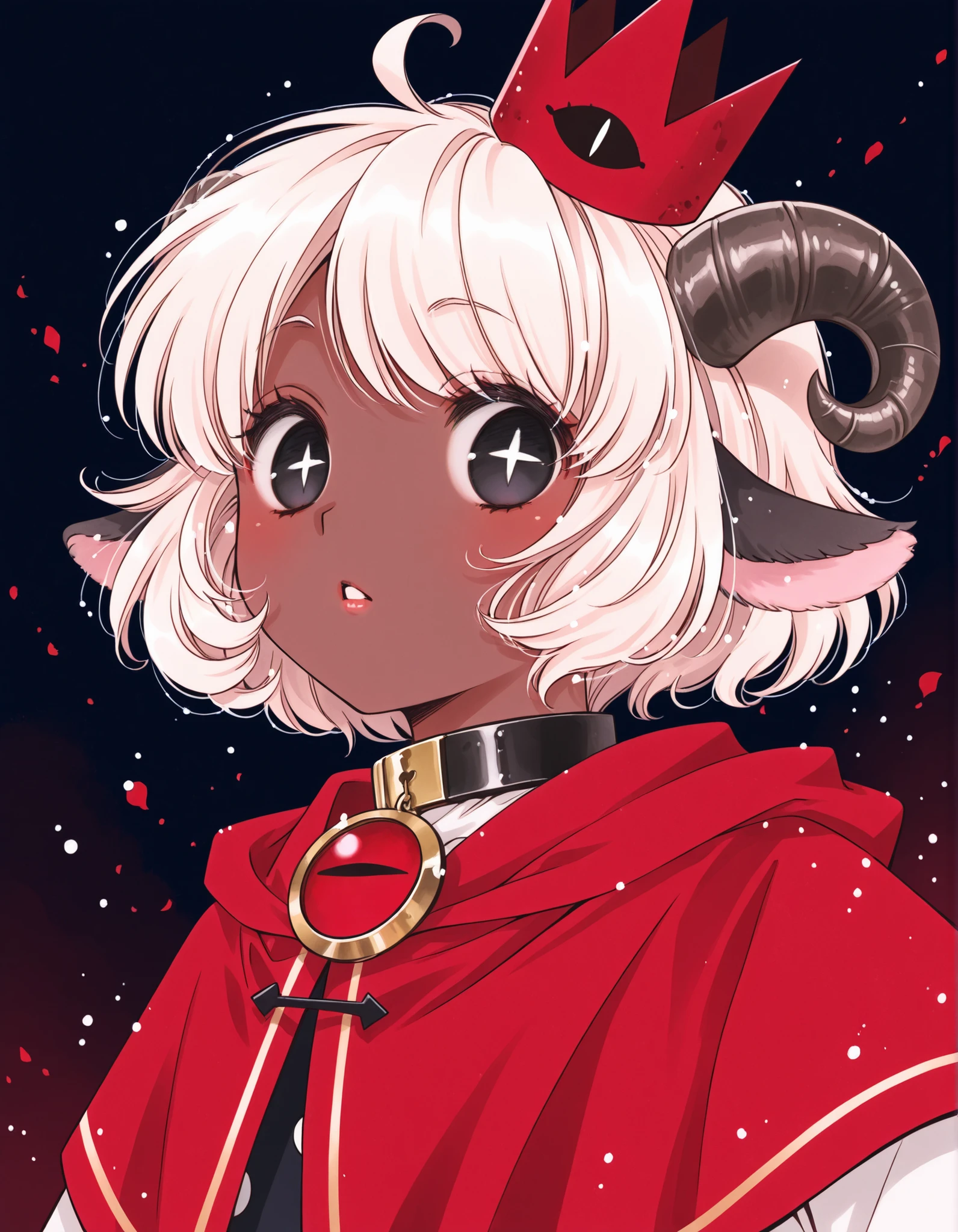 ccsacl,, masterpiece, best quality, very aesthetic, 1girl, solo, cult of the lamb, sheep girl, collar, horizontal pupils, red/black eyes, red crown,