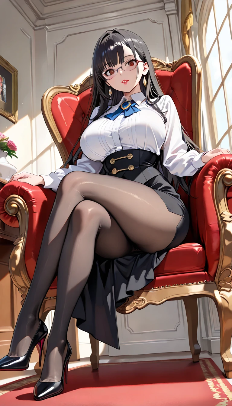 ((Highest quality)),(Ultra-high resolution),(Super detailed),(Detailed Description),((The best CG)),(masterpiece),Highly detailed art,(Contemporary art with precise details:1.5), (Female generals:1.7),(Cool Beauty:1.6),(Tight military uniform:1.6),(sneer:1.6),Patent leather long boots:1.5,Glorious Awards:1.4,((Sit on a chair and cross your legs:1.5)),(Point with chin:1.4)