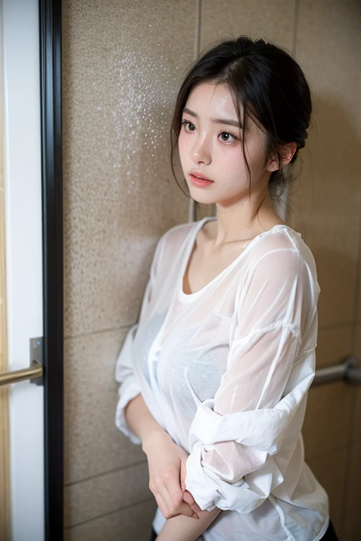 ((top quality, 8k, masterpiece: 1.3, raw photo)), Sharp Focus: 1.2, (1 aespa girl: 1.2), (Realistic, Photorealistic: 1.37), (face focus: 1.1), cute face, ultra detailed face, small breasts, flat chest, short messy hair, (wet White button up long shirt :1.2), standing bathroom, wet body, sunlight, movie lighting,
