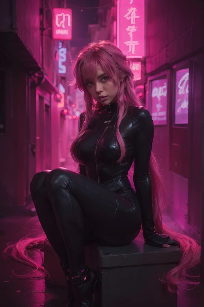  Detalles intrincados, 1 chica, Noche, (bright neon colors), ((volando sobre la ciudad futurista cyberpunk)), antecedentes detallados, (Little cyborg girl, ((linda cara perfecta, ojos rojos brillantes y brillantes)), (perfect anatomy, small and perky breasts), (Cabello naranja y blanco degradado absurdamente largo, pelo ondeando al viento)), ribbed bodysuit with impossible details, armadura de hombro, cyber members, dynamic angle, 