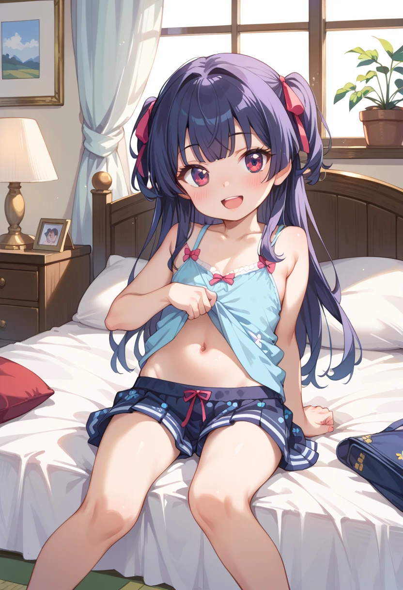 {anime},caustics,nsfw,single human girl,minigirl,loli,panties,kindergarten clothes,skirt,indoor shoes,from above,looking at viewer,smile,brown eyes,parted lips,show off breast,swept bangs,panty aside,squatting,spread legs,outdoors, , best quality, amazing quality, very aesthetic, absurdres,

night bedroom,