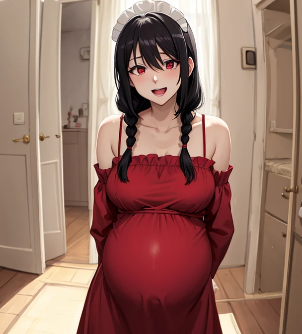 Anime. 1 girl. Housemaid. Pregnant. Black hair. Long hair. Hair is gathered in braids. Green eyes. Beautiful eyes. Perfect eyes. Expressive eyes. Beautiful nose. Ideal anatomical body. Beautiful graceful hands. Beautiful graceful legs. Medium breasts. Beautiful breasts. Nightgown. Contractions. The waters have broken. Childbirth. She's giving birth. I peed myself. I crap myself. Standing. Bedroom in a mansion. Full height. Embarrassment. Blush. Whole body. Extremely detailed CG Unity 8k wallpaper. Ideal lighting. Ultra high resolution 4K. Super detailed 8K resolution.