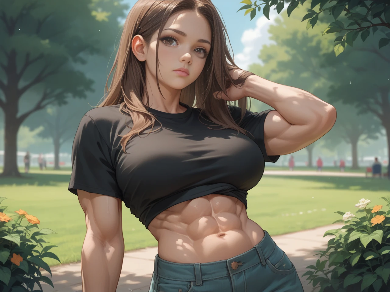 masterpiece, best quality, ultra detailed, 1 girl, ((((best quality)))), smiling, planting flowers, detailed colorful flowers, watering flowers, beautiful detailed sky, (((beautiful detailed cumulonimbus clouds))), ((((sunlight)))), looking at flowers, (spoken heart), heart, sweat, beautiful detailed water, teeth, ((narrow eyes)), ,(villain_racer:1.3), eyelashes, belly button, (glasses on head:1.3), fishnet stockings, fishnet pantyhose, gloves, (((defined abs muscle))), (((crop top))), choker, hair ornament, thigh strap, arm strap, stockings, (((unbuttoned shorts))), collarbone, (((hyper quality 32k))),