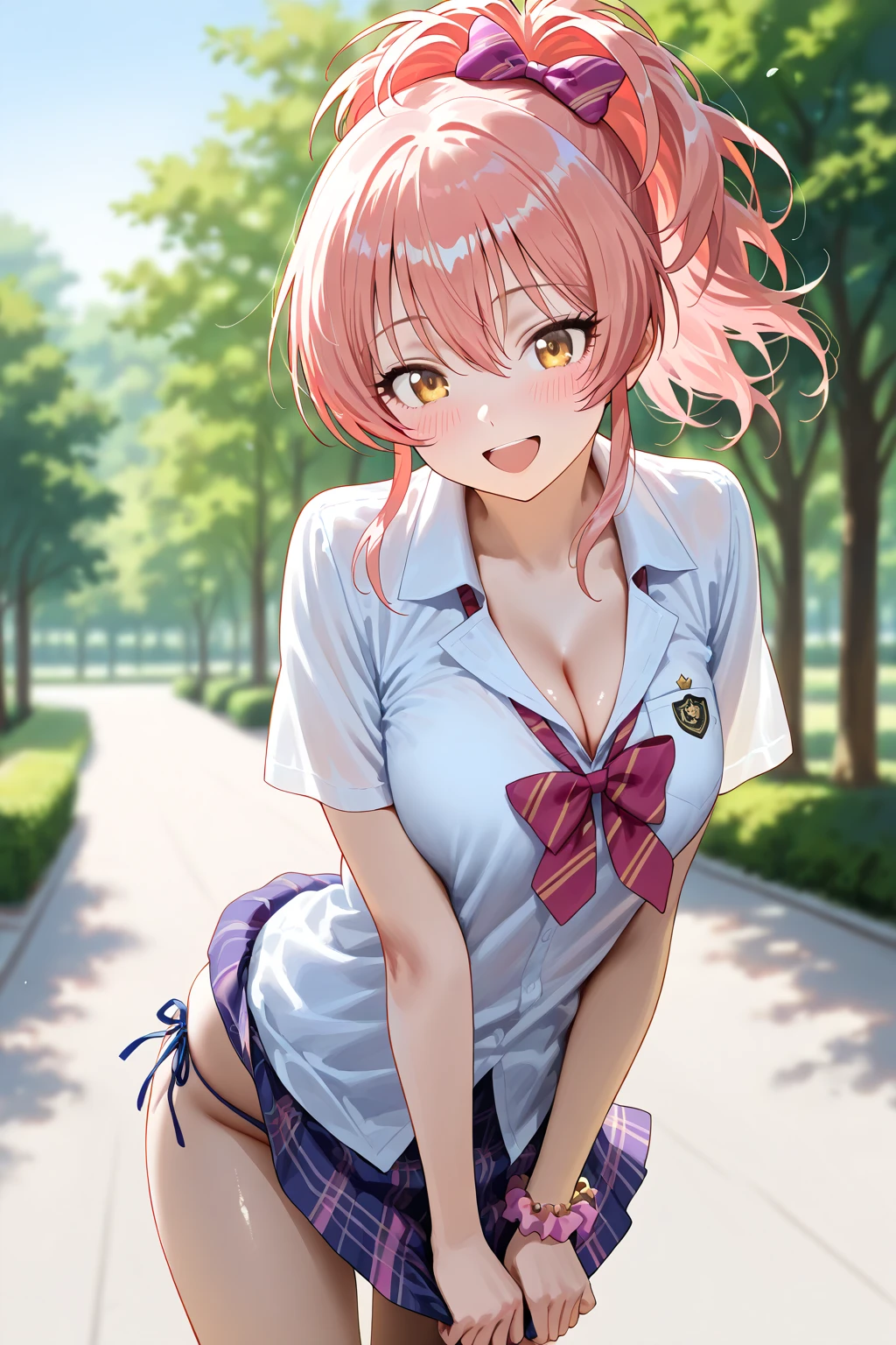 (best quality, 4k, 8k, highres, masterpiece:1.2), Pink Hair、Shorthair、breasts are beautiful and big。There is a large tree。Please spread your legs and sit on the tree branch.。Crotch is stiff。and smile、Support your body with your hands in front of you。high quality sailor uniform、kneel down