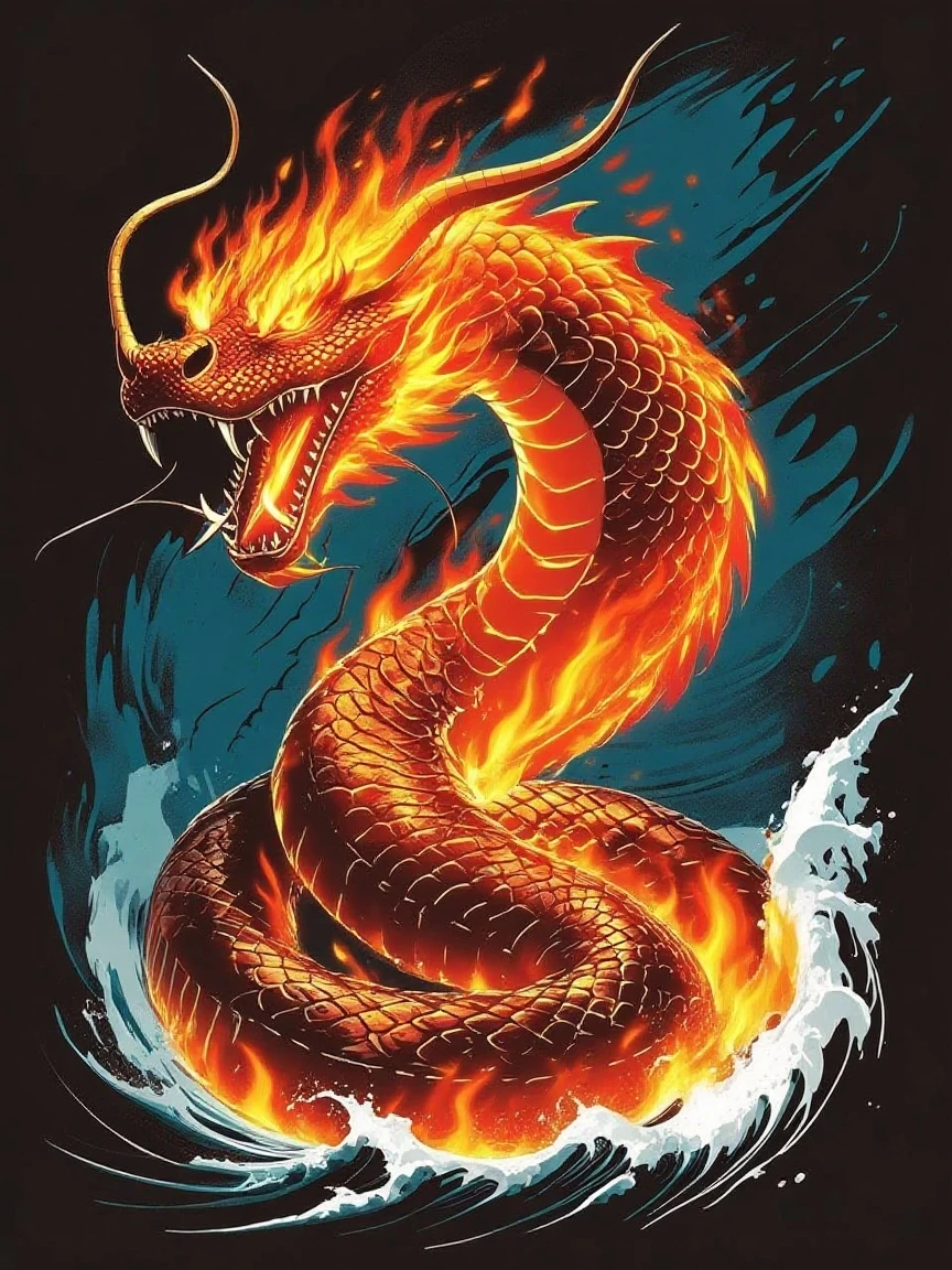 t-shirt design, Design a menacing picture with 7-headed Naga (king serpent from the Hindu faith), The artwork features a sleek, coiled sinuously, its scales glistening in the dim light., revealing rows of razor-sharp teeth dripping with blood, exuding a sense of raw, primal aggression, bright sky and big sun and fire in background, heavy wind, storm, flame, enhancing the ominous atmosphere of the design. eyes gleam with a malevolent glint, capturing the essence of danger and violence. The overall style is bold and intense, embodying the dark and edgy spirit of heavy metal music.