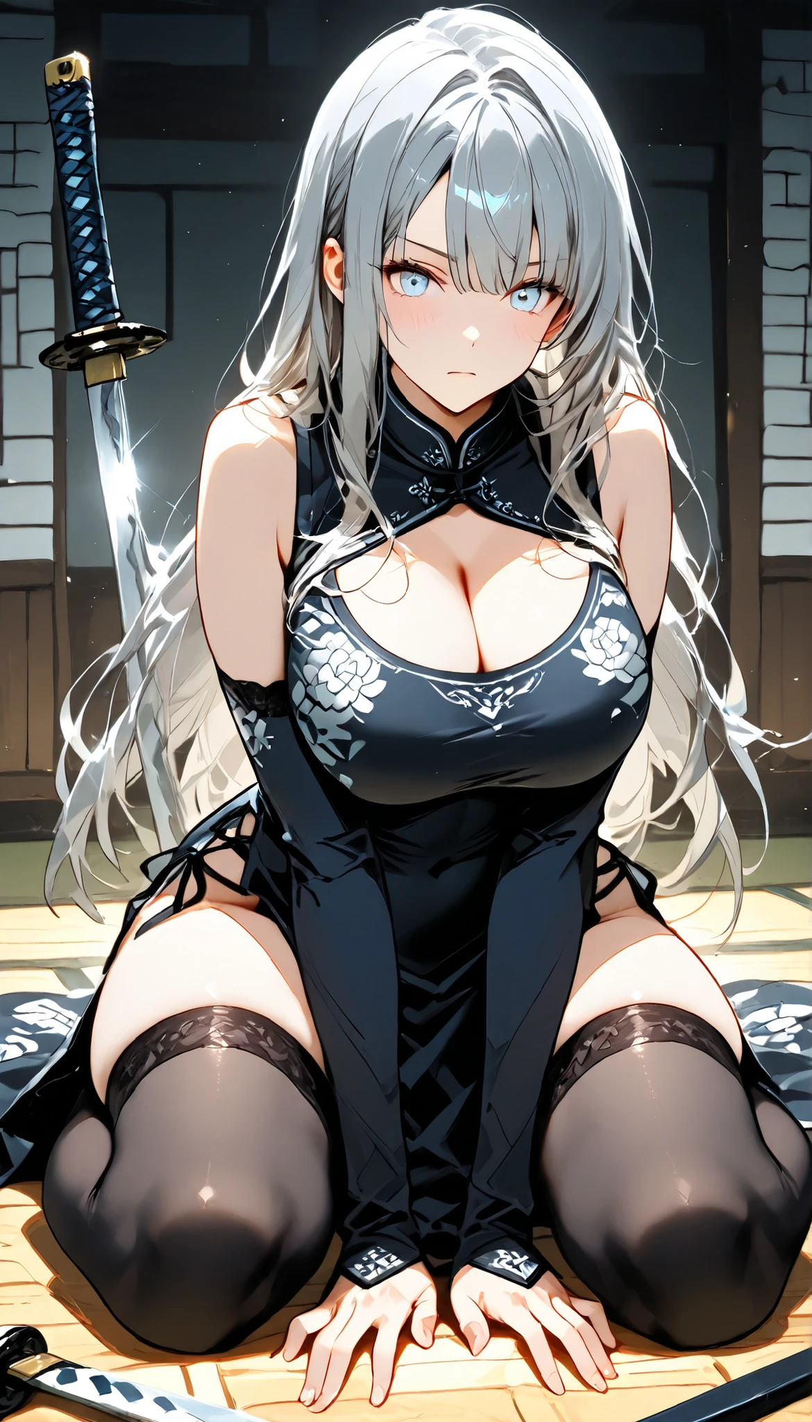 masterpiece, best quality, HakuryuuV4, 1girl, solo, long hair, breasts, ((grey eyes)), slight smile, large breasts, gloves, cleavage, jewelry, white hair, earrings, horns, teeth, choker, black choker, black coat, white eyes, asymmetrical horns, glowing eyes, <lora:HakuryuuV4-15:1>