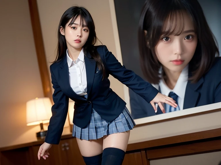 ((8K, RAW Photos, of the highest quality, Masterpieces), high definition RAW color photos professional close-up photos, (Realistic, Photorealism: 1.37), (Highest Quality), (Best Shadows), (Best Illustrations), 鎖骨 ((Big)), ((Erotic, Sexy, Ultra High Resolution, high-definition CG unified 8K wallpapers, Physically Based Rendering, Movie Lighting), (aegyo sal:1), 18 year old girl, (grey blazer, bow ribbon, Choker, High School Uniform: 1.2), High School Classroom, Beautiful detail eyes, Light on the Face, ((Full body shot: 1.2)), especially strong light, (Upper Eyes, Shy:1.2),Shiny skin, (((Black hair, Long hair:1.2))), (Slender legs), ulzzang -6500-v1.1:0.2, Shy, (The Flash:1.2), NSFW , ((enchanting posture: 1.2, Attractive: 1.2)), (idle), ((Lying on a desk in a classroom: 1.2)), ((Good anatomy: 1.2)), ((Bright and refreshing classroom, the background is blurred: 1.2)), Perfect face, Cute face, (high-angle shot:1.2),((Ultra short skirt: 1.2)),((overknee socks: 1.2)), Perfect legs, Slender legs
