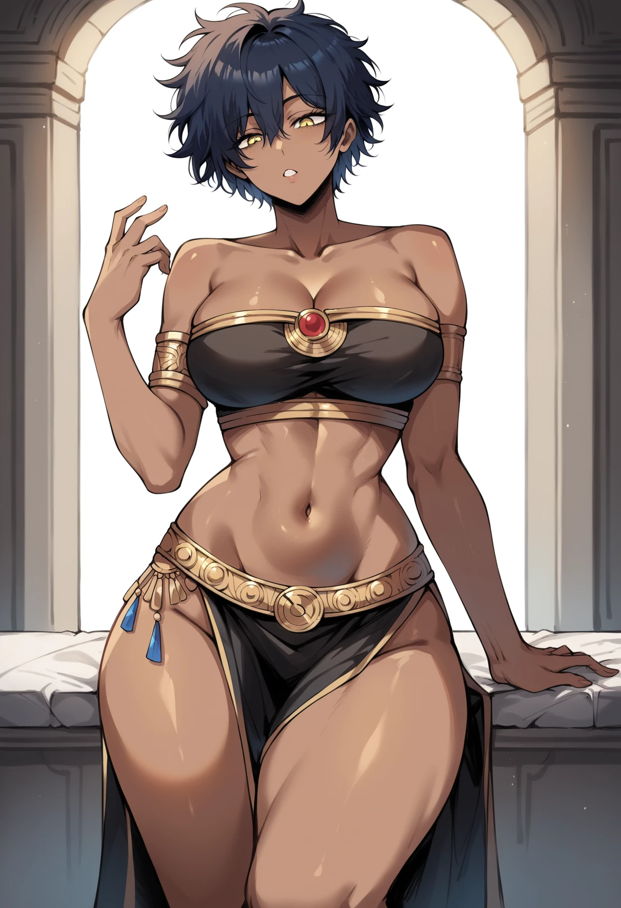Anime Egyptian warrior woman, Short blue hair, purple eyes, golden earrings rings Golden Bikini armor, golden bracelets, golden belt with white loincloth, bare legs, holding two big swords. desert background