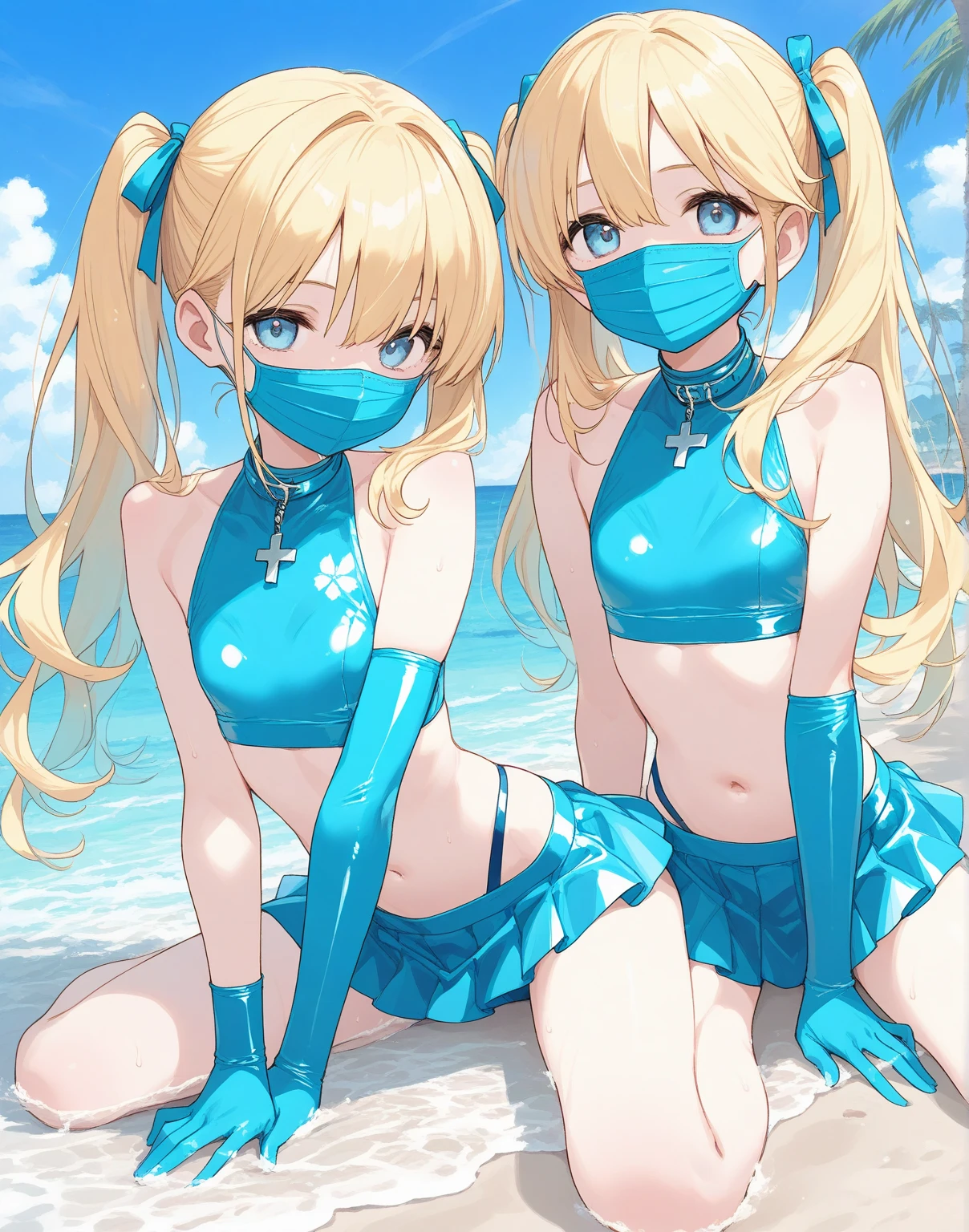 ((masterpiece))、((Top image quality))、((Top image quality))、(((Illustration of one girl)))、(((Muscle Girl)))、((neuter))、((Blonde twintails))、Light golden eyes、((Long body))、(((perspiring)))、((Steam wafting all over the body))、((Muscular and strong body))、((Split abs))、((muscular and thick arms))、((muscular and thick thighs))、((manspreading))、((Sports Swimwear))、Sitting on a deck chair、in poolside