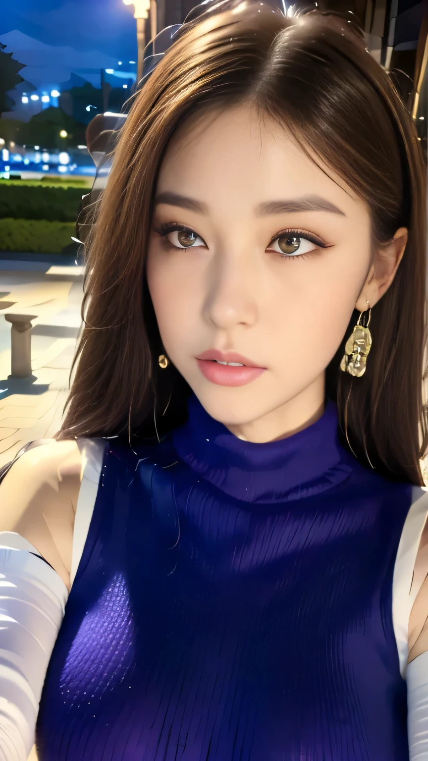 (((Violet Sleeveless Turtleneck Knitted Dress:1.2)))、(innocent and elegant girl)、(cowboy shot:1.2)、(focus on face and chest)、big breasts、(Office by the window:1.2)、(((night view at night:1.4)))、From above、(layered hairstyles、brown hair、medium long hair)、Highly detailed face and skin texture、detailed eye、double eyelid、pale cheeks、 small shiny necklace and earrings、glossy lips:1.4、pure white skin:1.2、((big breasts:1.2))