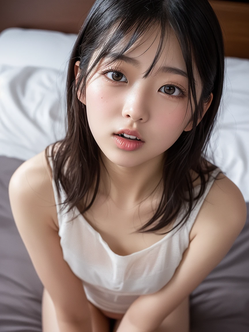 Japanese women lying on the bed with their arms crossed and sticking out their tongues, cleavage, young sensual gravure idols, young cute gravure idols, Japanese models, young gravure idols, young skinny gravure idols, realistic young gravure idols, Shikamimi
