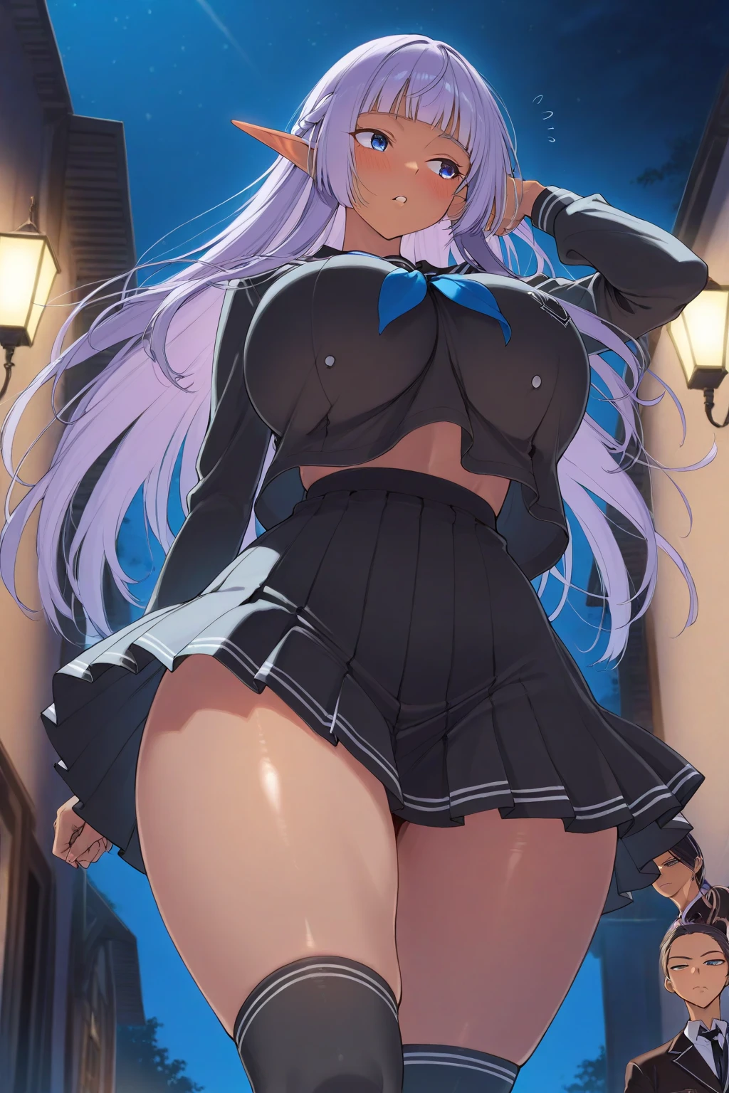 (solo), (416_GirlsFrontline), skinny girl, BREAK, (disproportionately huge breasts:1.5), bursting breasts, narrow shoulders, narrow waist, (skinny long legs), arms behind back, BREAK, (dark purple jacket), (flapping very short high-waist skirt), thigh gap, (black thighhighs), BREAK, smile for viewer, embarrassed, nose blush, (nsfw:0.7), slipping white panty, pussy juice dripping down, orgasm
