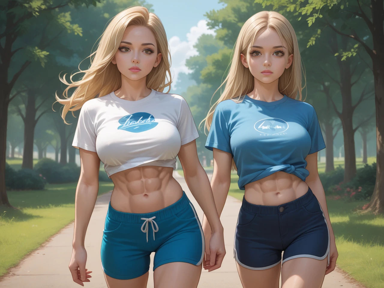 (best quality,4k,8k,highres,masterpiece:1.2),ultra-detailed,(realistic,photorealistic,photo-realistic:1.37),HDR,UHD,studio lighting,ultra-fine painting,sharp focus,physically-based rendering,extreme detail description,professional,vivid colors,bokeh,portraits

[Two women twins] in their early twenties, [thin and fit figures], are jogging in the park. They both have [blond hair] and [beautiful blue eyes] that sparkle in the sunlight. Their radiant smiles reveal [perfectly aligned white teeth]. As they run, their [long and toned legs] move gracefully, showcasing their determination and strength.

Both women wear [matching red and white blouses], which accentuate their youthful beauty. The fabric gently brushes against their skin with every step, adding a touch of elegance to their athletic appearance. Their outfits are completed with [comfortable sports pants] that allow them to move freely. Their [shoes] are specifically designed for running, providing support and cushioning to protect their feet.

The joggers follow a well-maintained [path], winding through the park, leading them towards their fitness goals. Many other people can be seen engaging in different activities, such as [families picnicking], [couples strolling hand in hand], and [children playing on the swings].

The artwork will be a [portrait] that portrays the beauty of these two identical twins. The emphasis will be on capturing their remarkable resemblance and the sense of harmony between them. The colors will be vibrant and lively, highlighting their youthful energy and zest for life. The lighting will be carefully composed, accentuating their features and bringing out the best in their appearance.

The final masterpiece will be a celebration of youth, health, and the special bond between siblings. It will serve as a reminder to cherish the moments of togetherness and the joy of pursuing a healthy lifestyle.