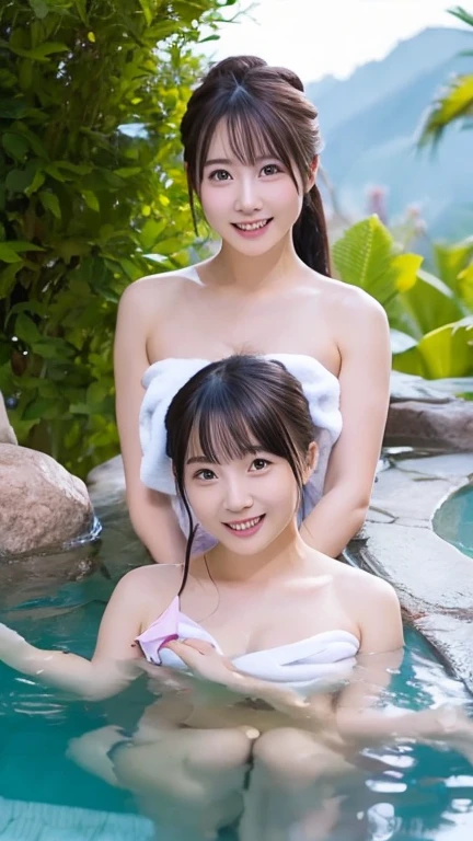 Nsfw、nude、No clothes、2 people、全nakedで、Identical twin sisters soak in a huge open-air bath, Japanese, 16 years old, realistic, Beautiful and dense face、naked、Big bath, (short hair, Wet), smile,