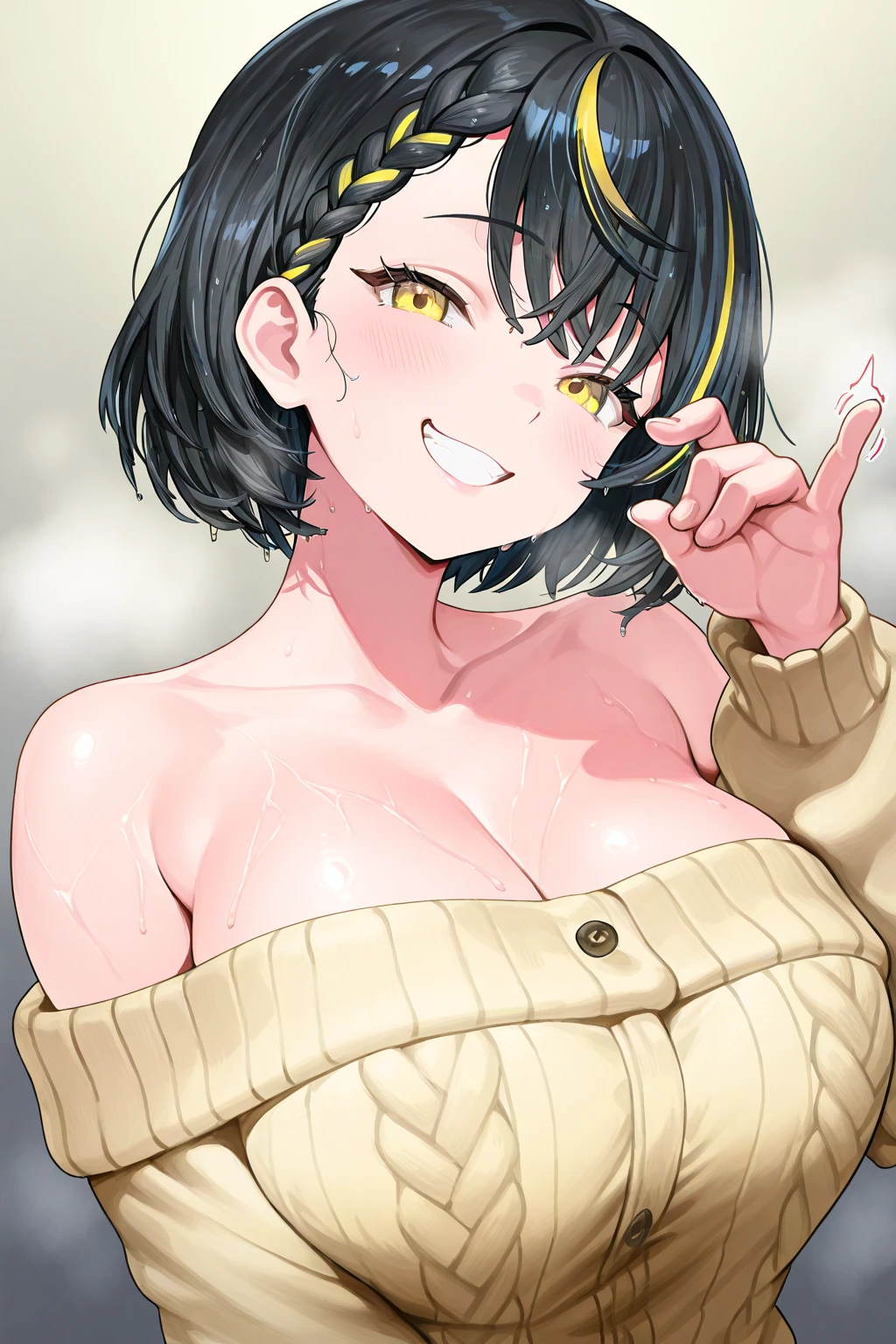 (best quality), (Super detailed), (Best Illustration), (masterpiece), score_9, score_8_up, score_7_up, (4k), nsfw, (1woman), (full nude), (large breasts), {brown hair, (sideburns), (bob cut:1.3), curly hair, hairs between eyes, colored inner hair}, {(detailed eyes), heart-shaped pupils, blue eyes}, parted lips, seductive smile, nose blush, earring, sweat,